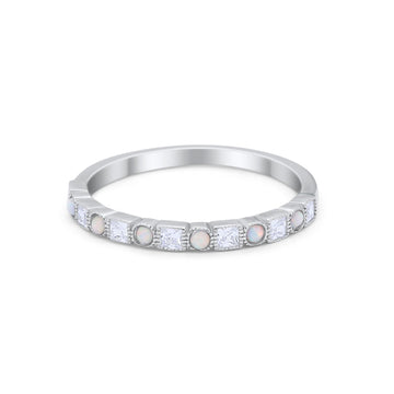 Half Eternity Wedding Band Ring Round Created White Opal 925 Sterling Silver